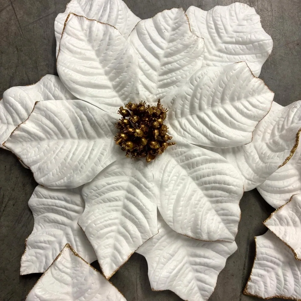White Gold Poinsettia Christmas Ornaments Magnets Set of 4 Holiday Floral Decor